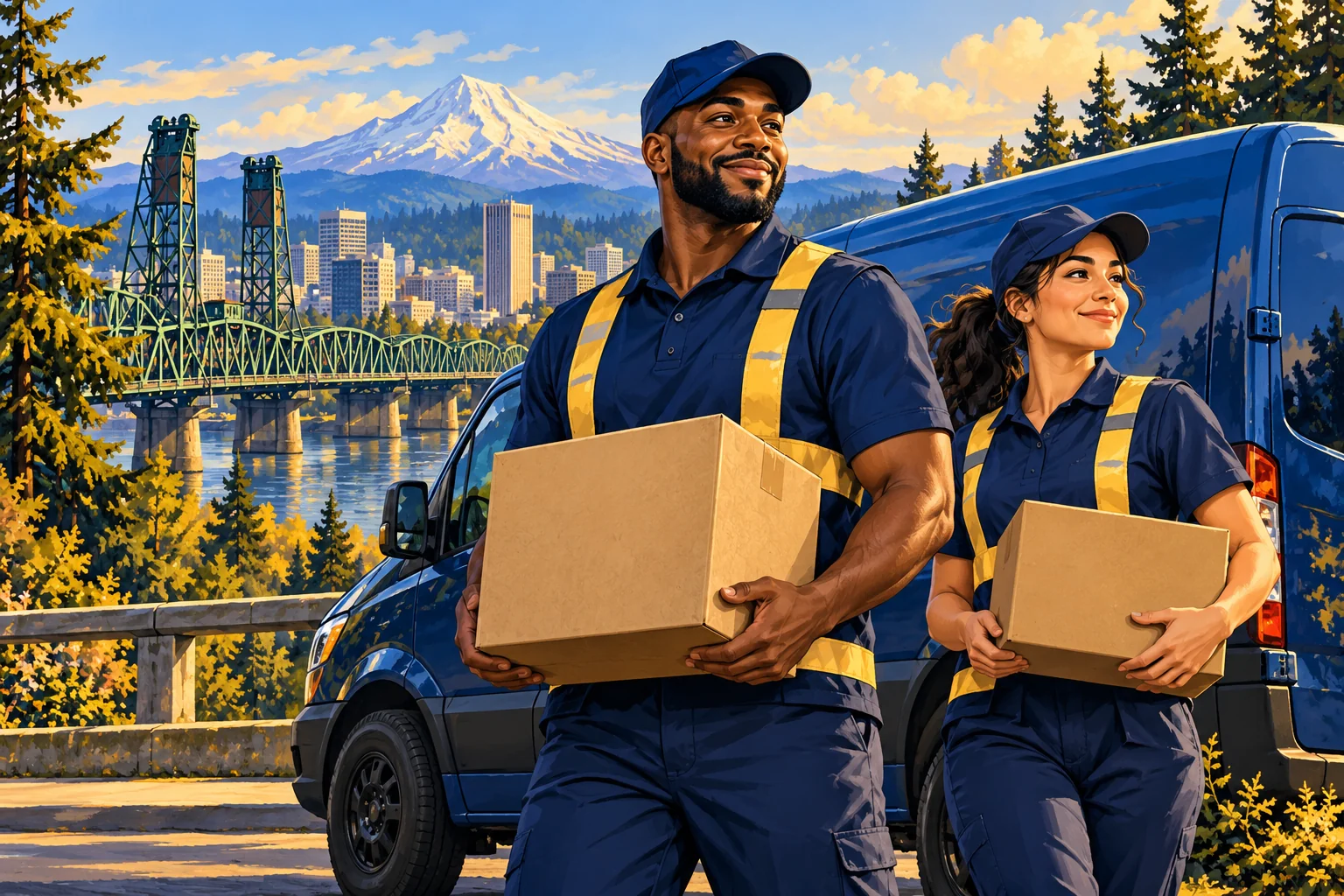Illustration of two delivery professionals beside a blue van with Portland-inspired scenery
